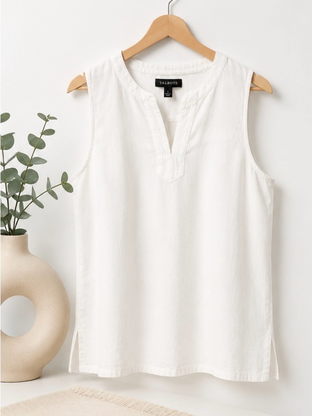 Talbots White Sleeveless Split-Neck Top